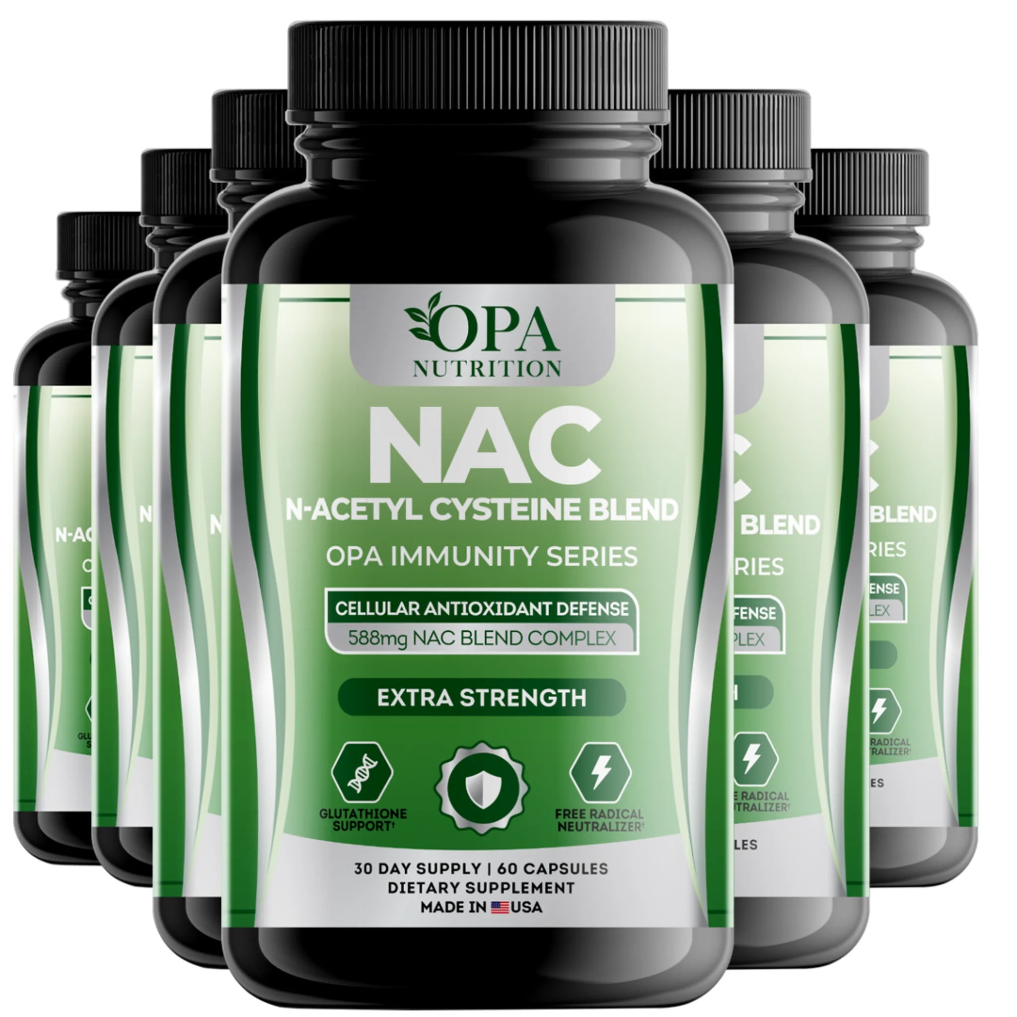 Six-pack of OPA Nutrition NAC N-Acetyl Cysteine Immunity Series supplement bottles for antioxidant and glutathione support