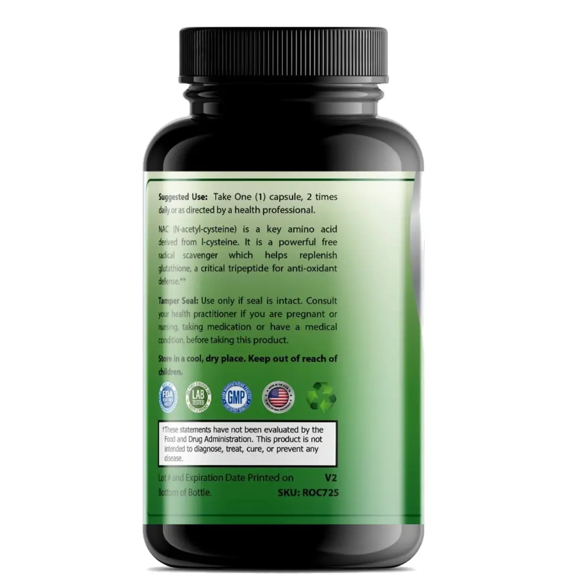 Back label of OPA Nutrition NAC N-Acetyl Cysteine Immunity Series supplement bottle showing suggested use information