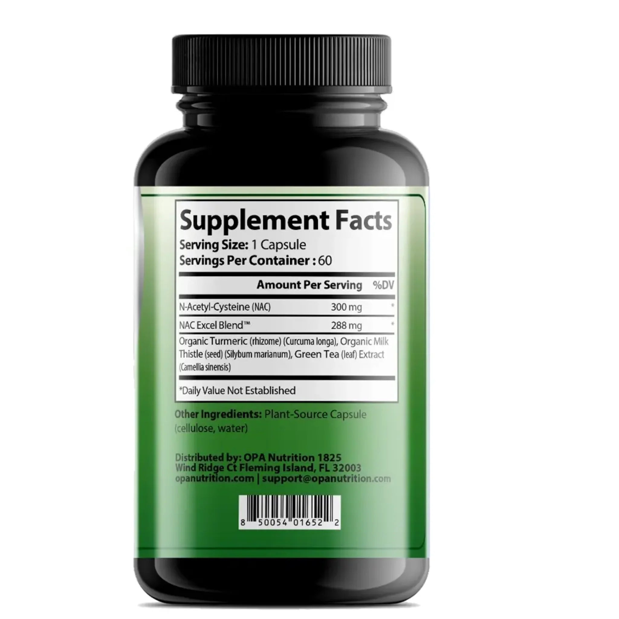 Supplement Facts label on OPA Nutrition NAC N-Acetyl Cysteine Immunity Series supplement bottle