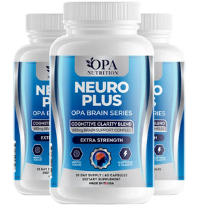 Three-pack of OPA Nutrition Neuro Plus Brain Series supplement bottles for cognitive clarity, mental focus, alertness and clarity