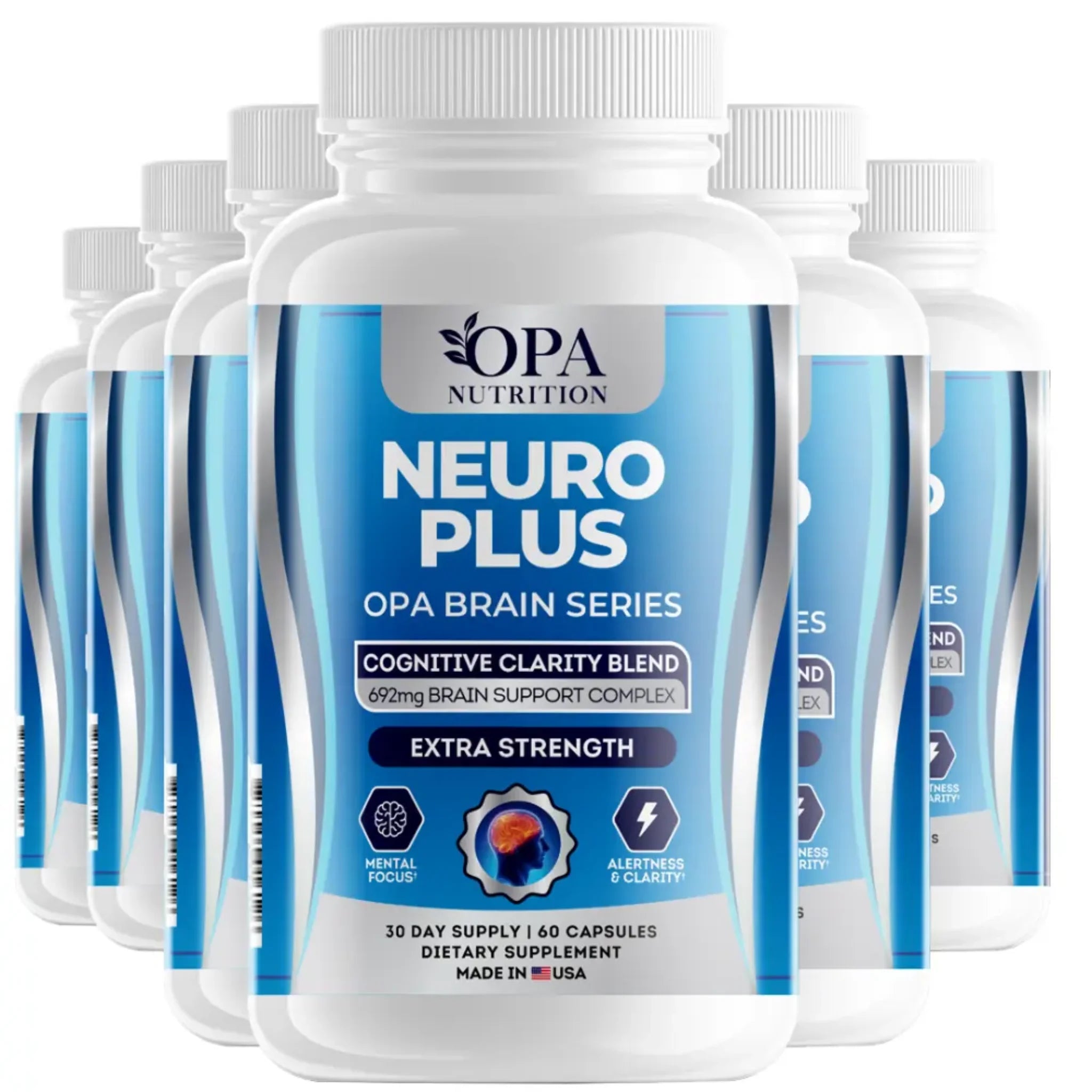 Six-pack of OPA Nutrition Neuro Plus Brain Series supplement bottles for cognitive clarity, mental focus, alertness and clarity
