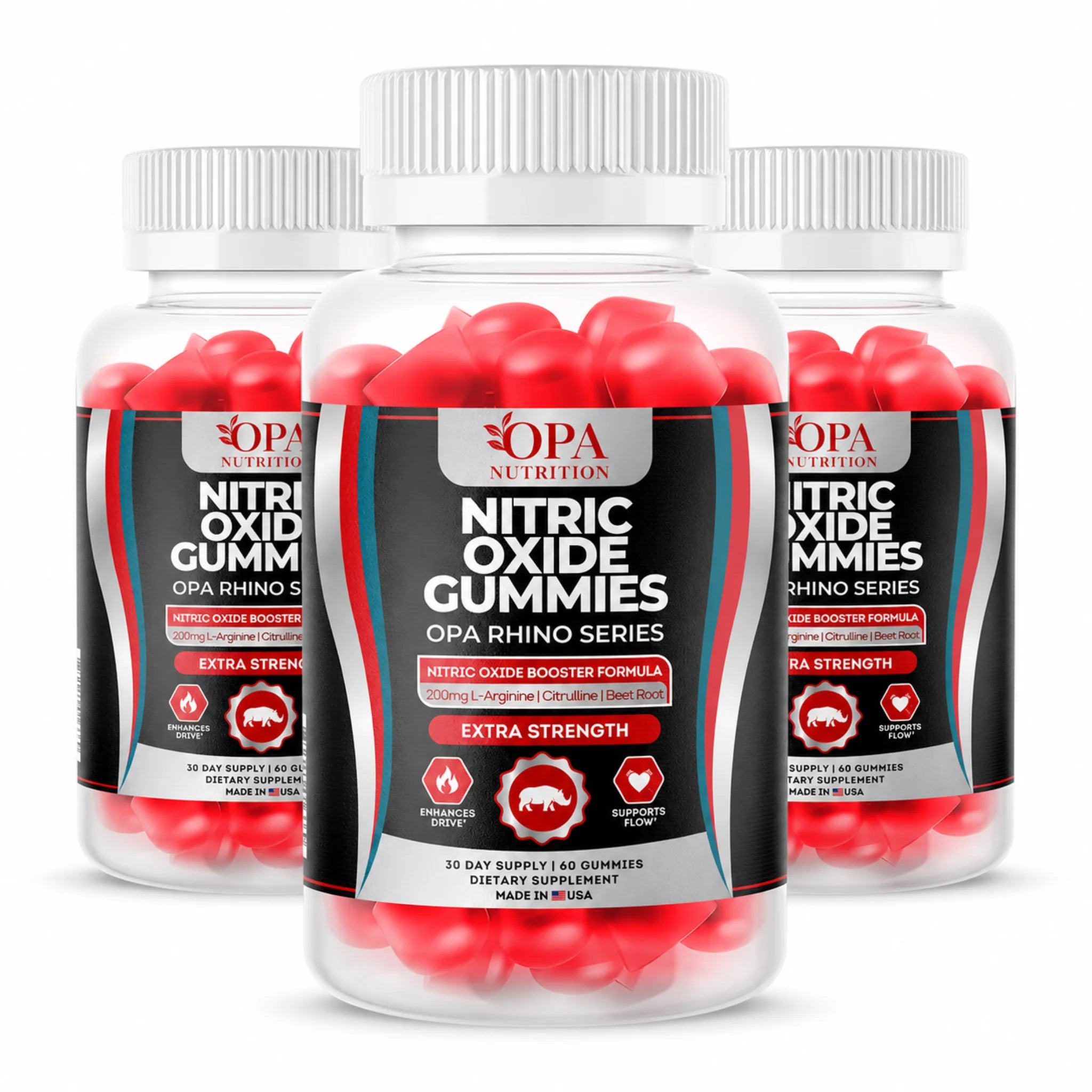 Three-pack of OPA Nutrition Nitric Oxide Gummies bottles from the OPA Rhino Series featuring a nitric oxide booster formula with L-arginine, citrulline, and beet root