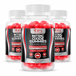 Three-pack of OPA Nutrition Nitric Oxide Gummies bottles from the OPA Rhino Series featuring a nitric oxide booster formula with L-arginine, citrulline, and beet root