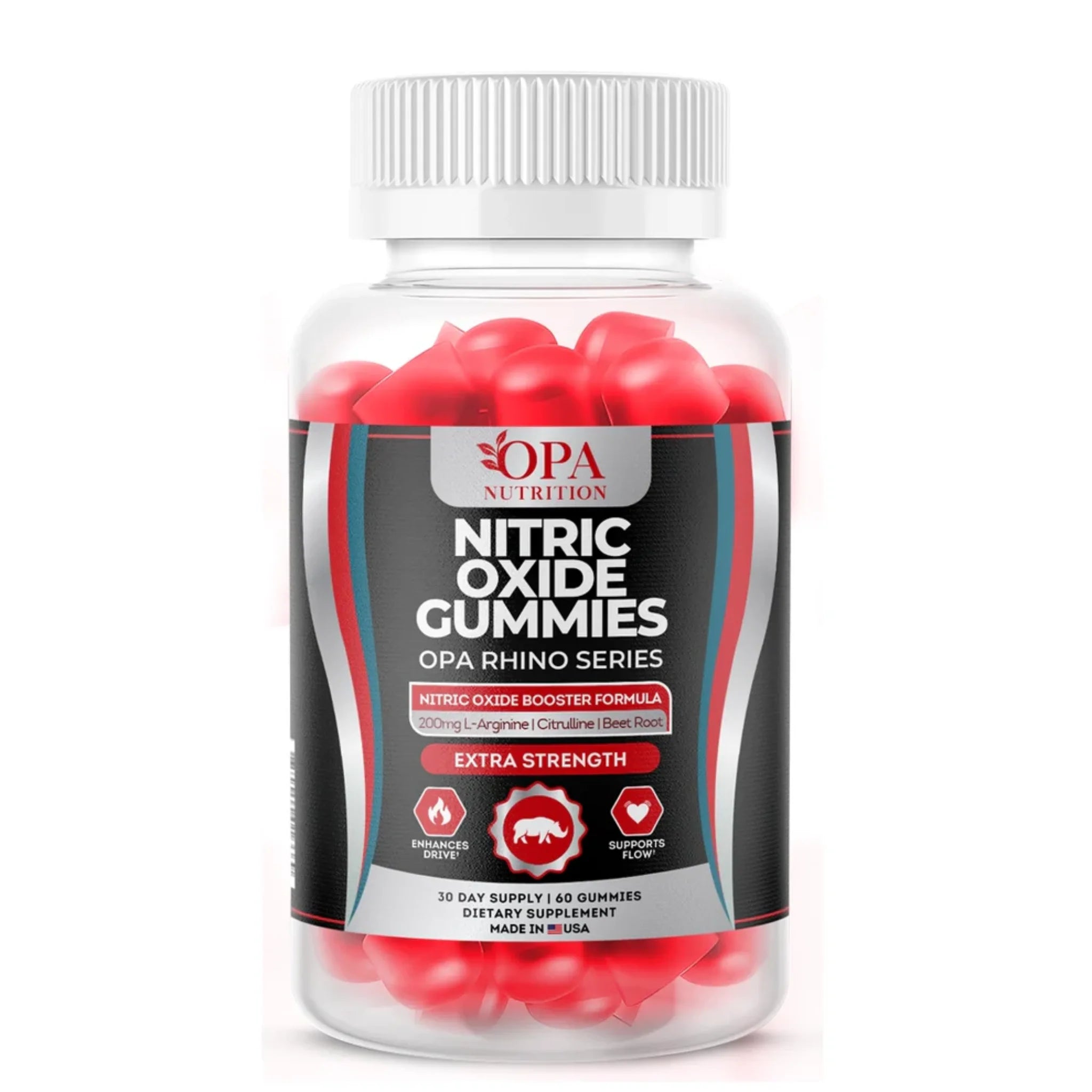 OPA Nutrition Nitric Oxide Gummies front bottle from the OPA Rhino Series featuring a nitric oxide booster formula with 200mg L-arginine, citrulline, and beet root, extra strength, 30 day supply, 60 gummies