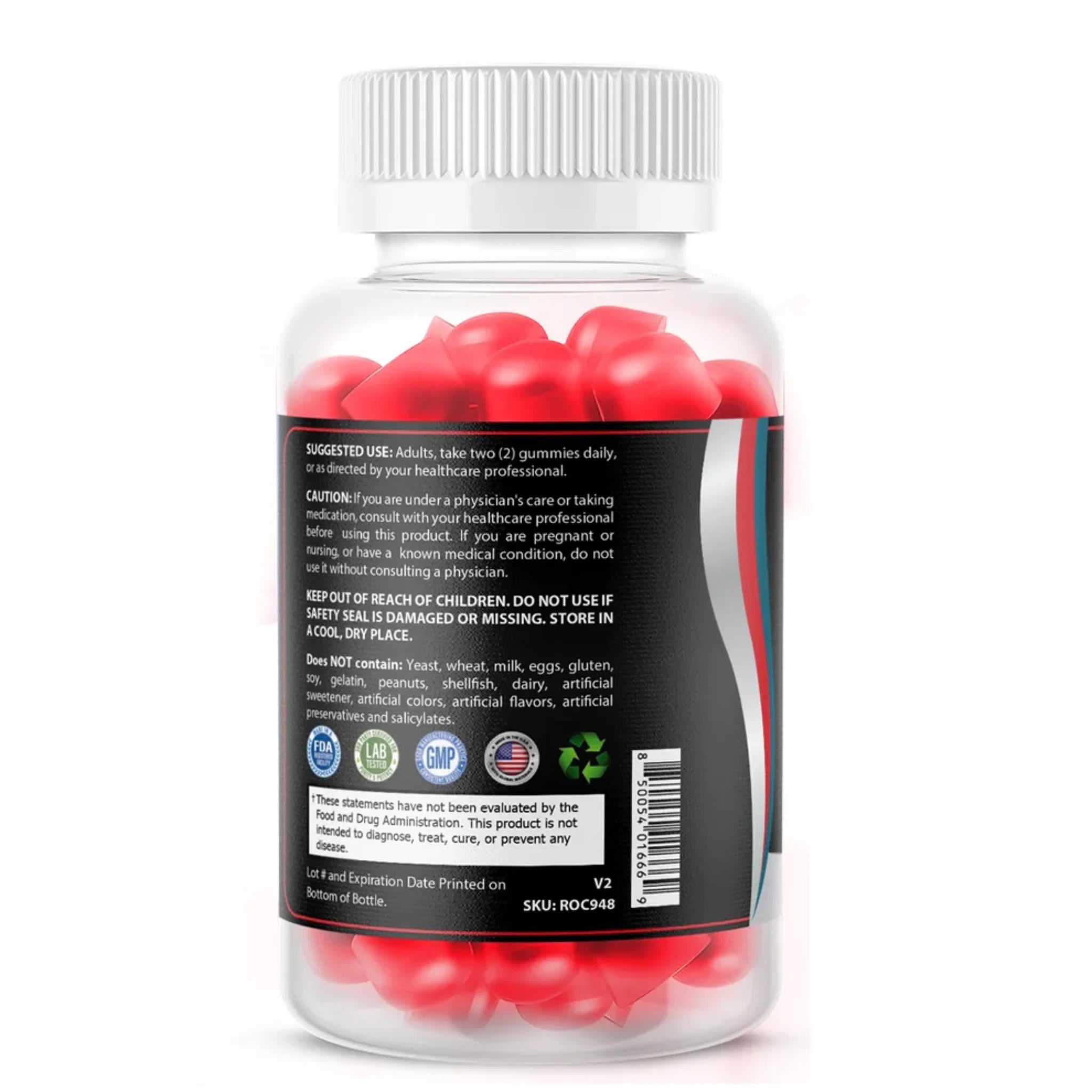 Suggested use label for OPA Nutrition Nitric Oxide Gummies with directions to take 2 gummies daily, plus caution information, storage instructions, allergen details, and FDA disclaimer