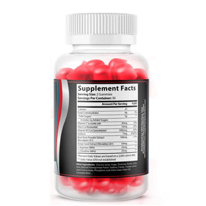 Supplement Facts label for OPA Nutrition Nitric Oxide Gummies showing serving size of 2 gummies, 30 servings per container, and key ingredients including vitamin C, niacin, vitamin B12, beet root powder extract, grape seed extract, L-arginine, and L-citrulline