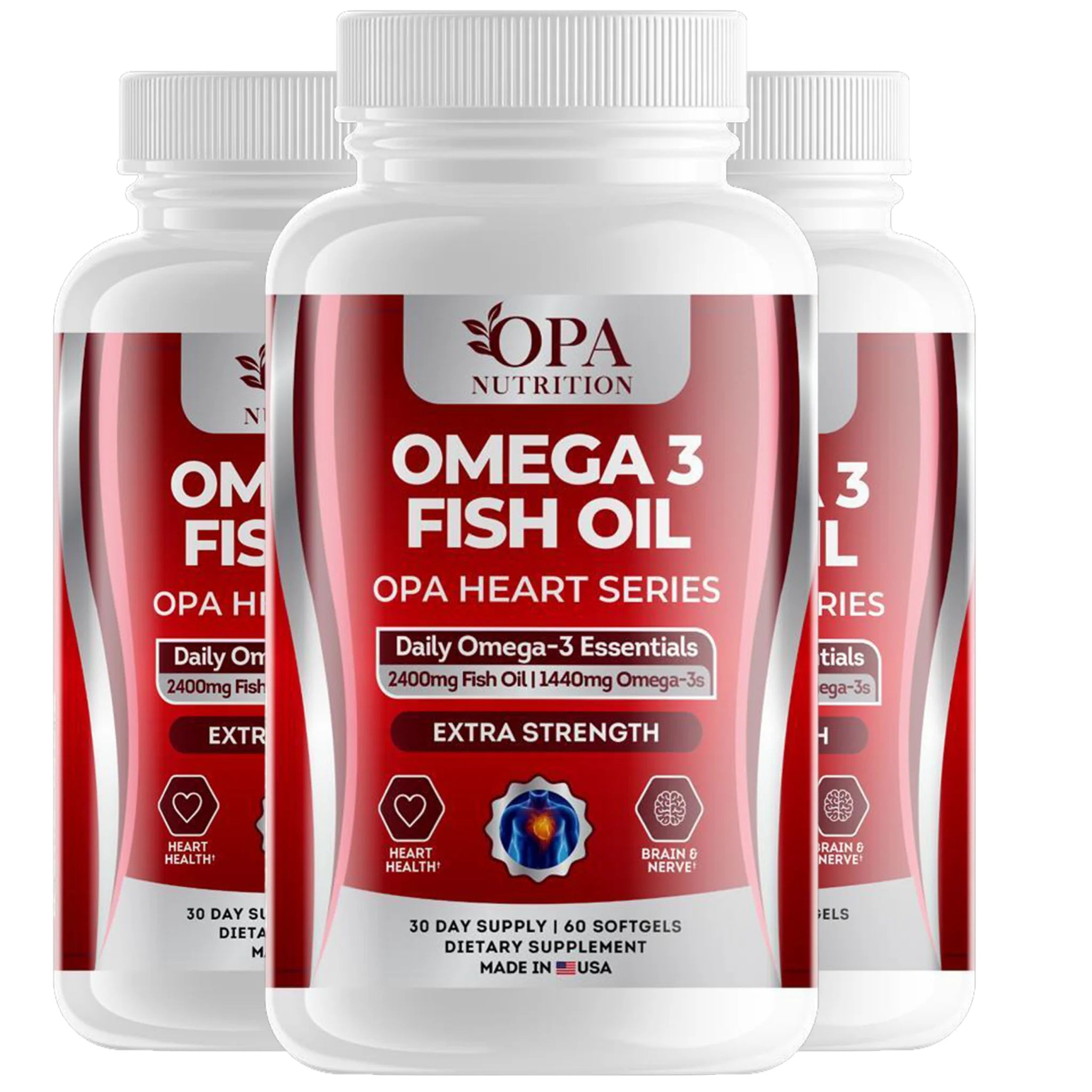 Three-pack of OPA Nutrition Omega 3 Fish Oil Heart Series softgel bottles for heart health, brain support and daily omega-3 essentials