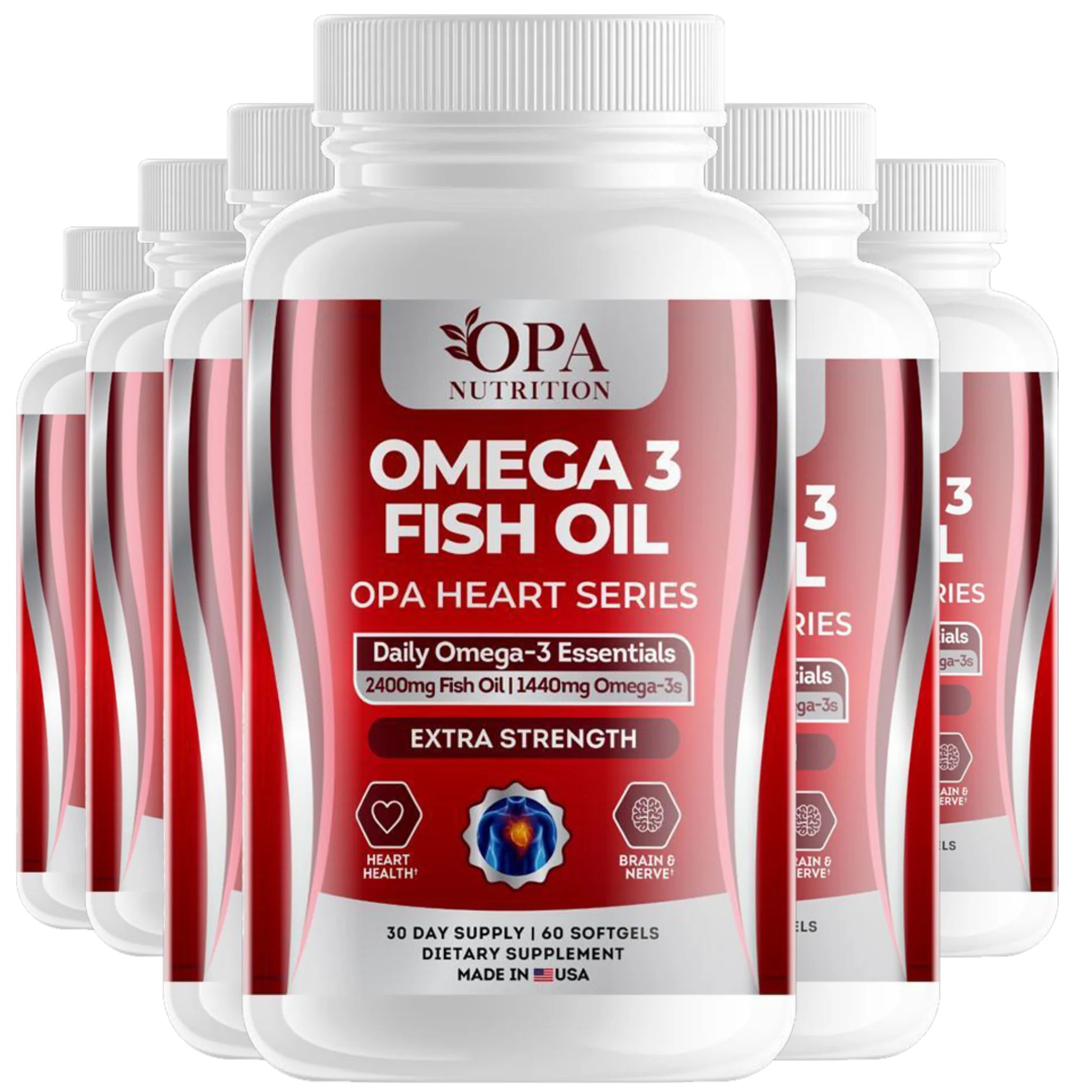 Six-pack of OPA Nutrition Omega 3 Fish Oil Heart Series softgel bottles with daily omega-3 essentials for heart health and brain support