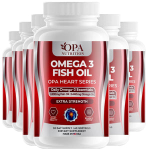 Six-pack of OPA Nutrition Omega 3 Fish Oil Heart Series softgel bottles with daily omega-3 essentials for heart health and brain support
