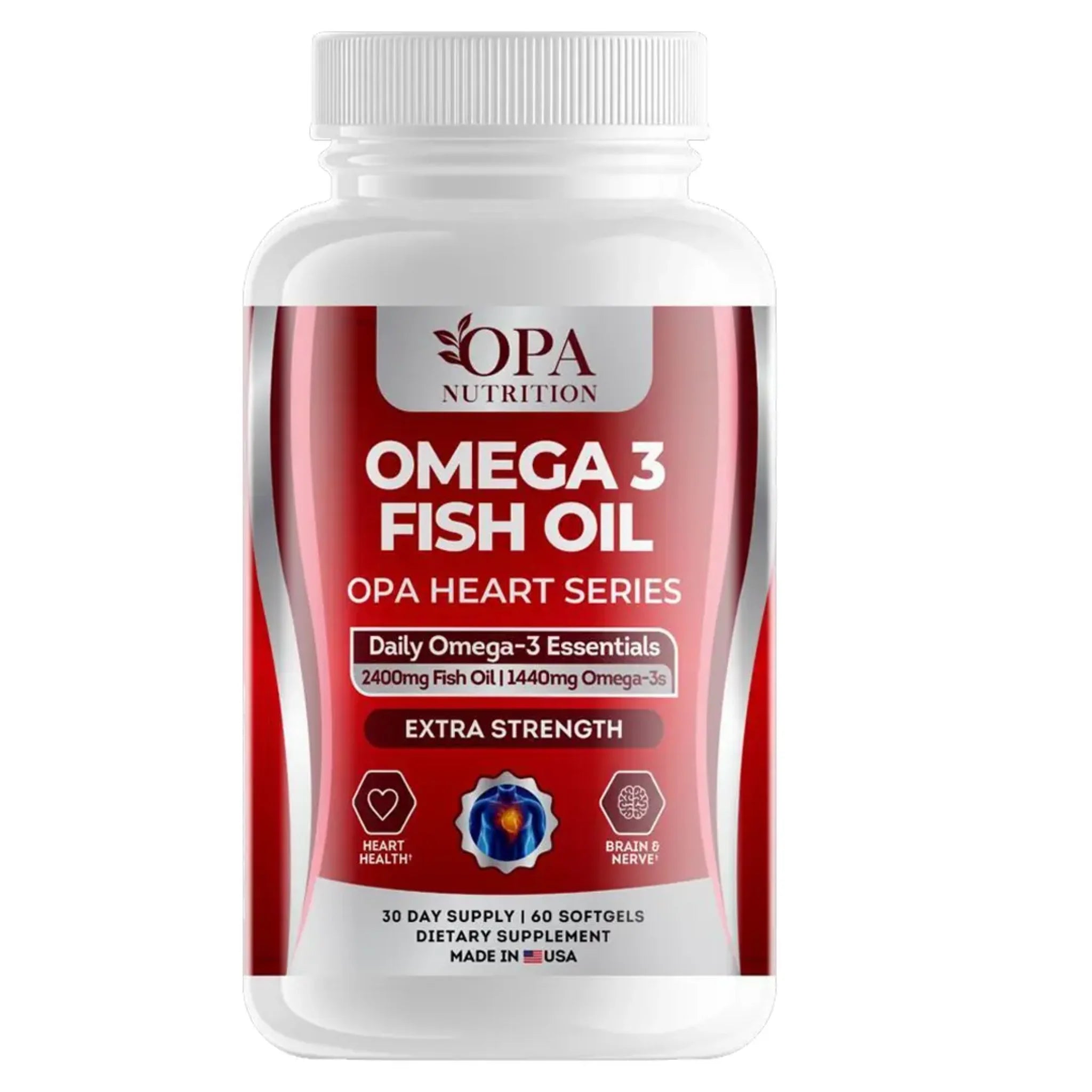 OPA Nutrition Omega 3 Fish Oil Heart Series supplement bottle with 2400mg fish oil and 1440mg omega-3s for heart health and brain and nerve support