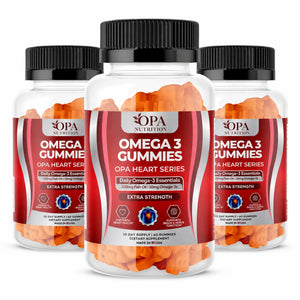 Three-pack of OPA Nutrition Omega 3 Gummies OPA Heart Series bottles with Daily Omega-3 Essentials, fish oil, and omega-3 support on a white background