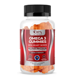 OPA Nutrition Omega 3 Gummies OPA Heart Series bottle featuring Daily Omega-3 Essentials with 100mg fish oil and 16mg omega-3s, extra strength, 30 day supply, 60 gummies