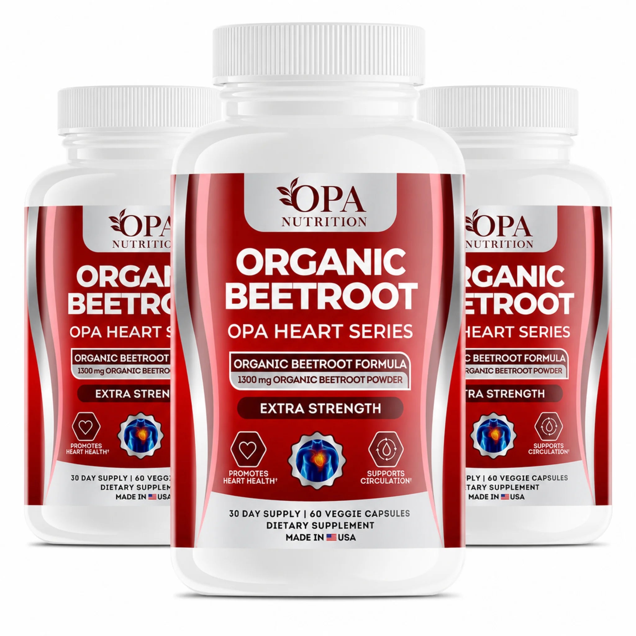 Three-pack of OPA Nutrition Organic Beetroot OPA Heart Series bottles with organic beetroot formula, heart health support, and circulation support on a white background