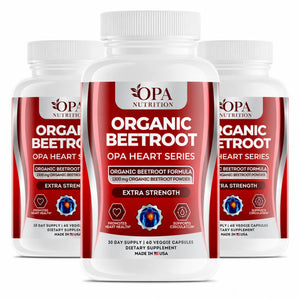 Three-pack of OPA Nutrition Organic Beetroot OPA Heart Series bottles with organic beetroot formula, heart health support, and circulation support on a white background