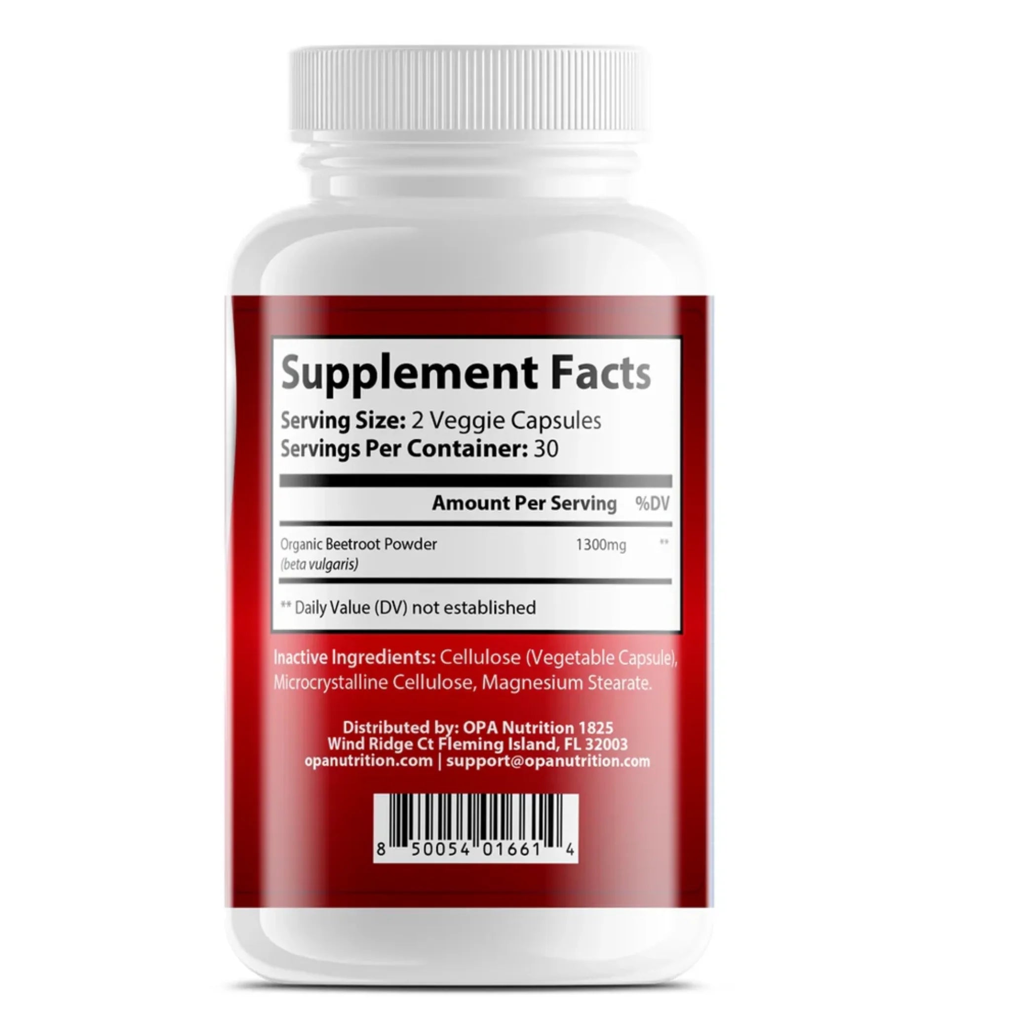 Supplement Facts label for OPA Nutrition Organic Beetroot showing 2 veggie capsules per serving, 30 servings per container, and 1300 mg organic beetroot powder