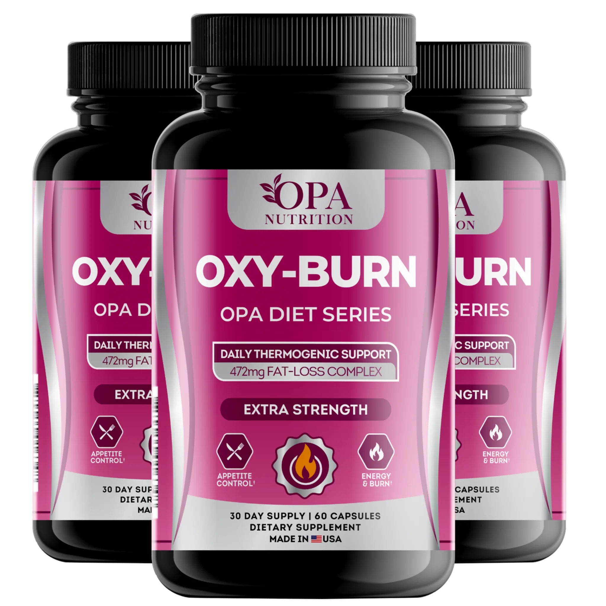Three-pack of OPA Nutrition Oxy-Burn Diet Series thermogenic support supplement bottles for appetite control and daily energy support