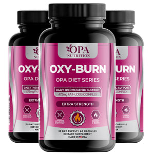 Three-pack of OPA Nutrition Oxy-Burn Diet Series thermogenic support supplement bottles for appetite control and daily energy support