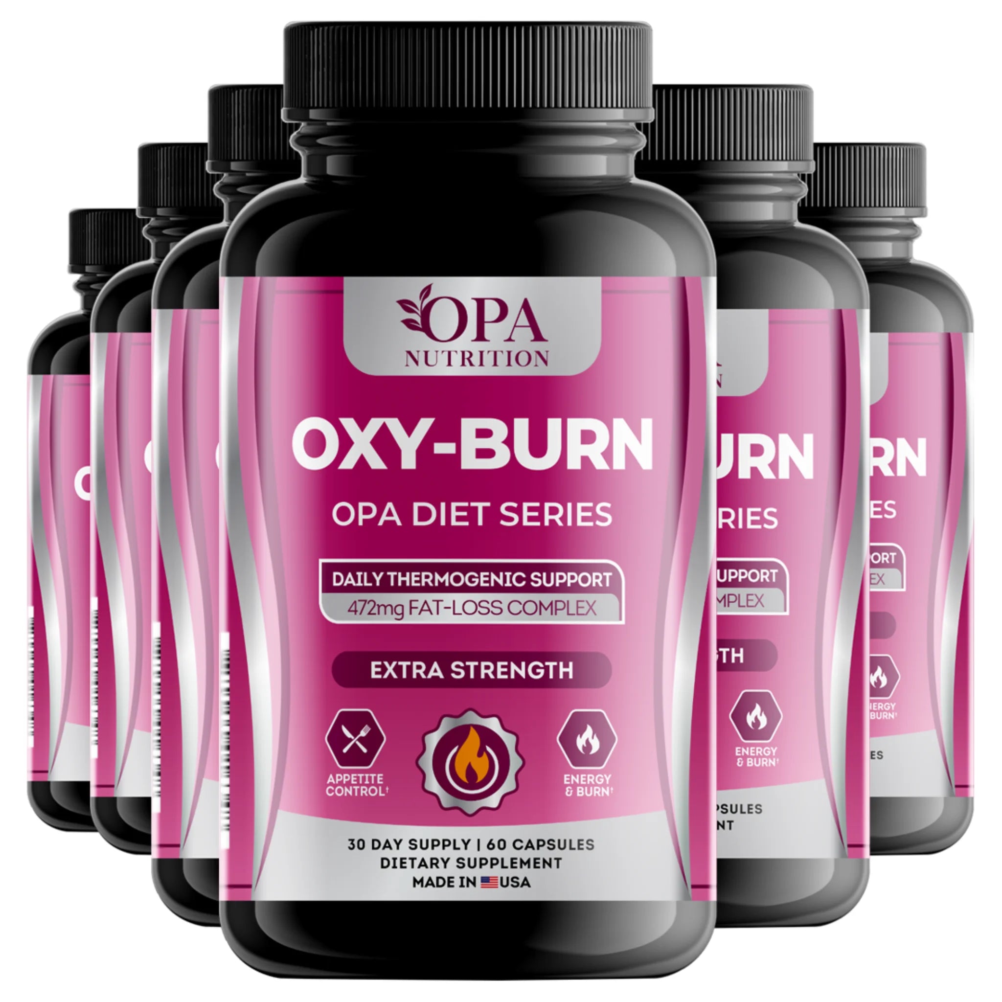 Six-pack of OPA Nutrition Oxy-Burn Diet Series thermogenic support supplement bottles for appetite control and daily energy support