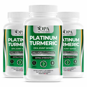 Three-pack of OPA Nutrition Platinum Turmeric OPA Joint Series supplement bottles with daily mobility formula, turmeric, and glucosamine on a white background