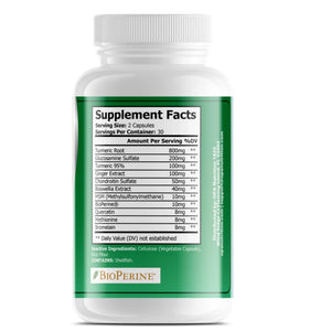Supplement Facts label for OPA Nutrition Platinum Turmeric showing 2 capsule serving size, turmeric root, glucosamine sulfate, ginger extract, boswellia extract, and BioPerine