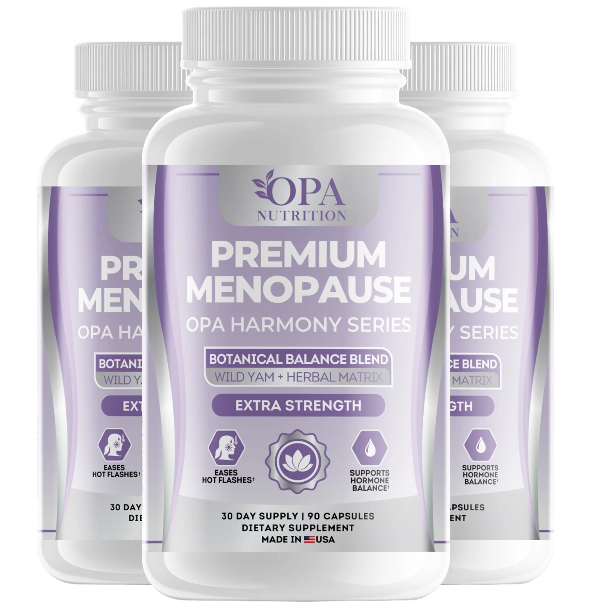 Three-pack of OPA Nutrition Premium Menopause Harmony Series supplement bottles for women’s wellness and hormone balance support