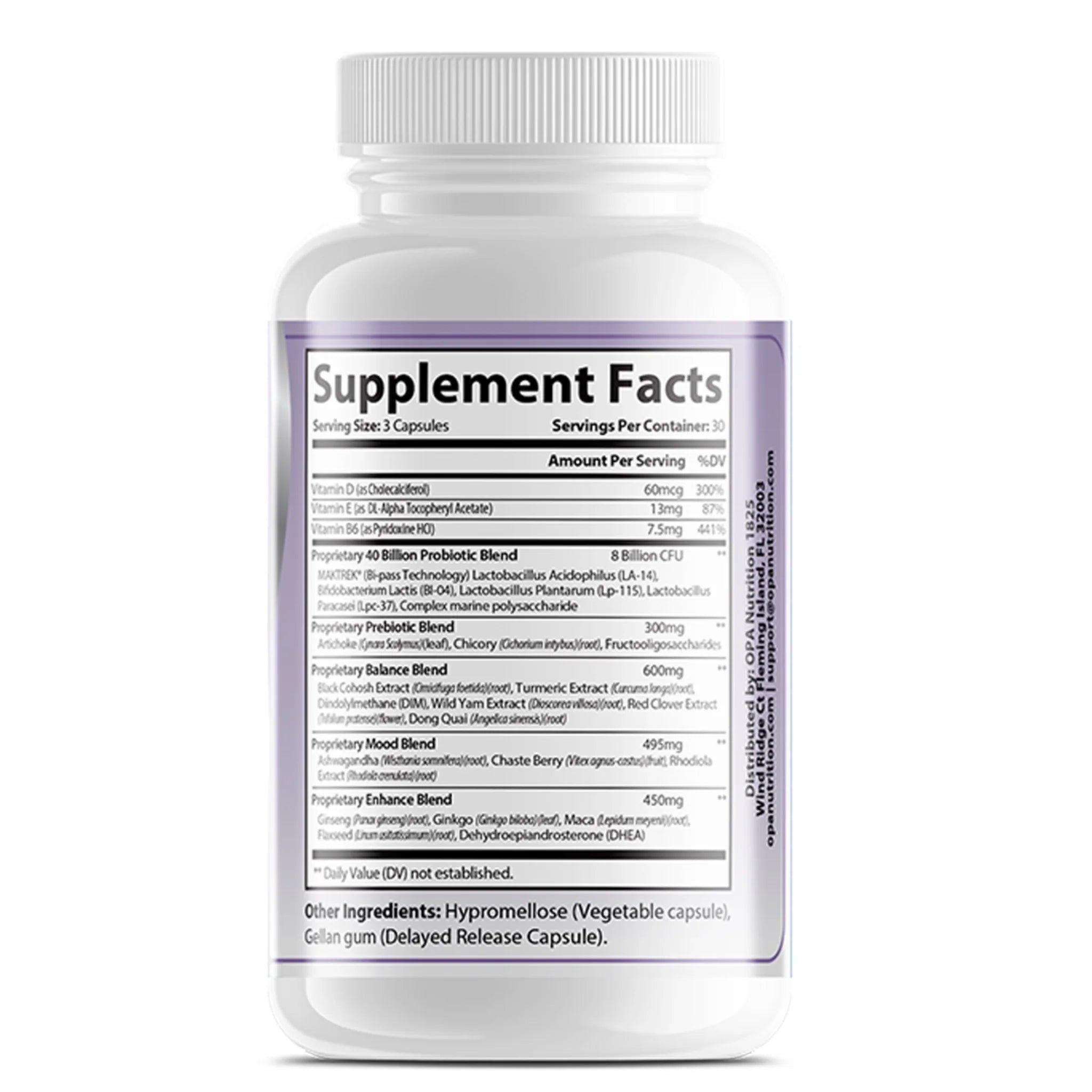 Supplement Facts label on OPA Nutrition Premium Menopause Harmony Series supplement bottle