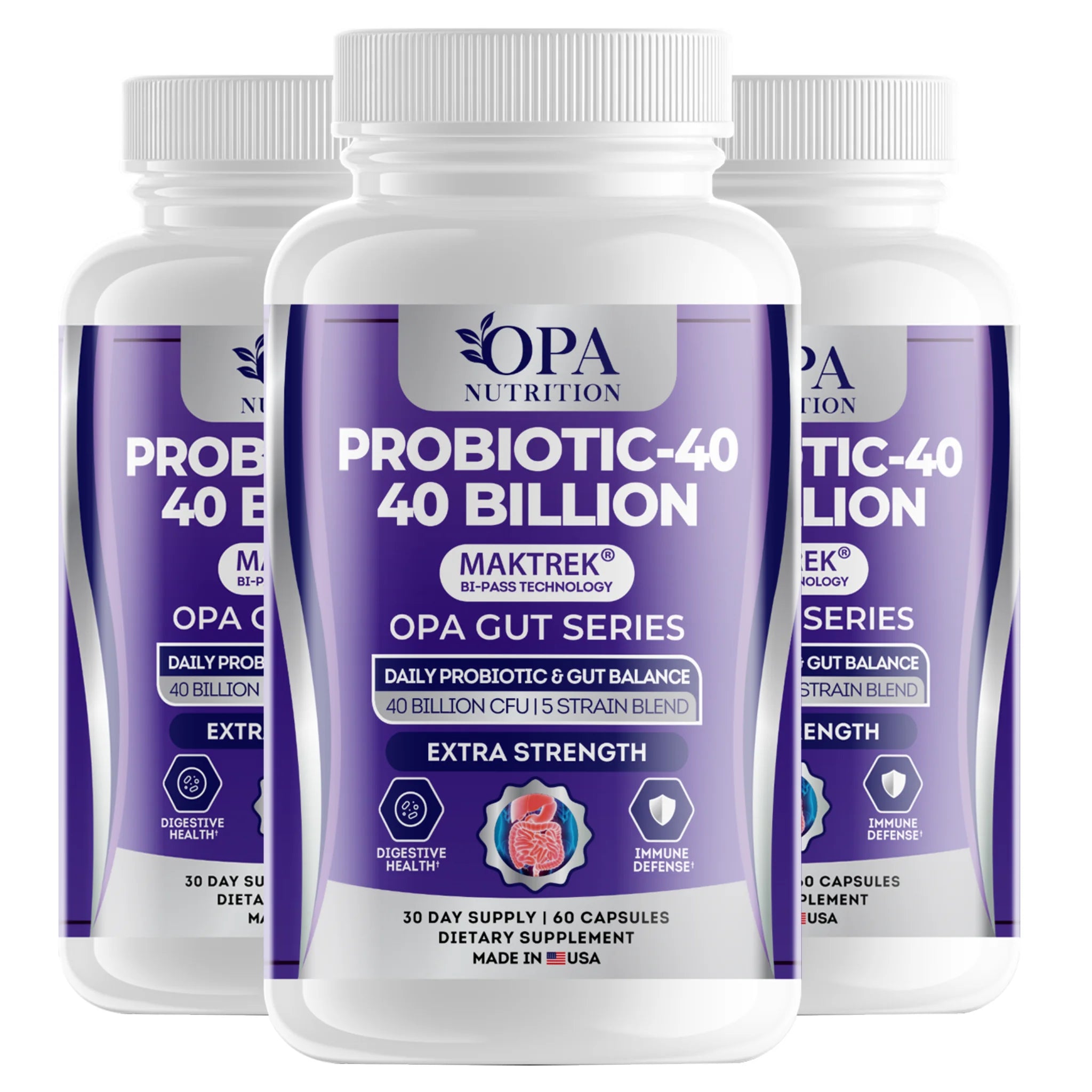 Three-pack of OPA Nutrition Probiotic-40 40 Billion Gut Series supplement bottles for digestive health, gut balance and immune defense support