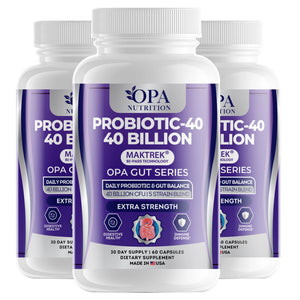 Three-pack of OPA Nutrition Probiotic-40 40 Billion Gut Series supplement bottles for digestive health, gut balance and immune defense support