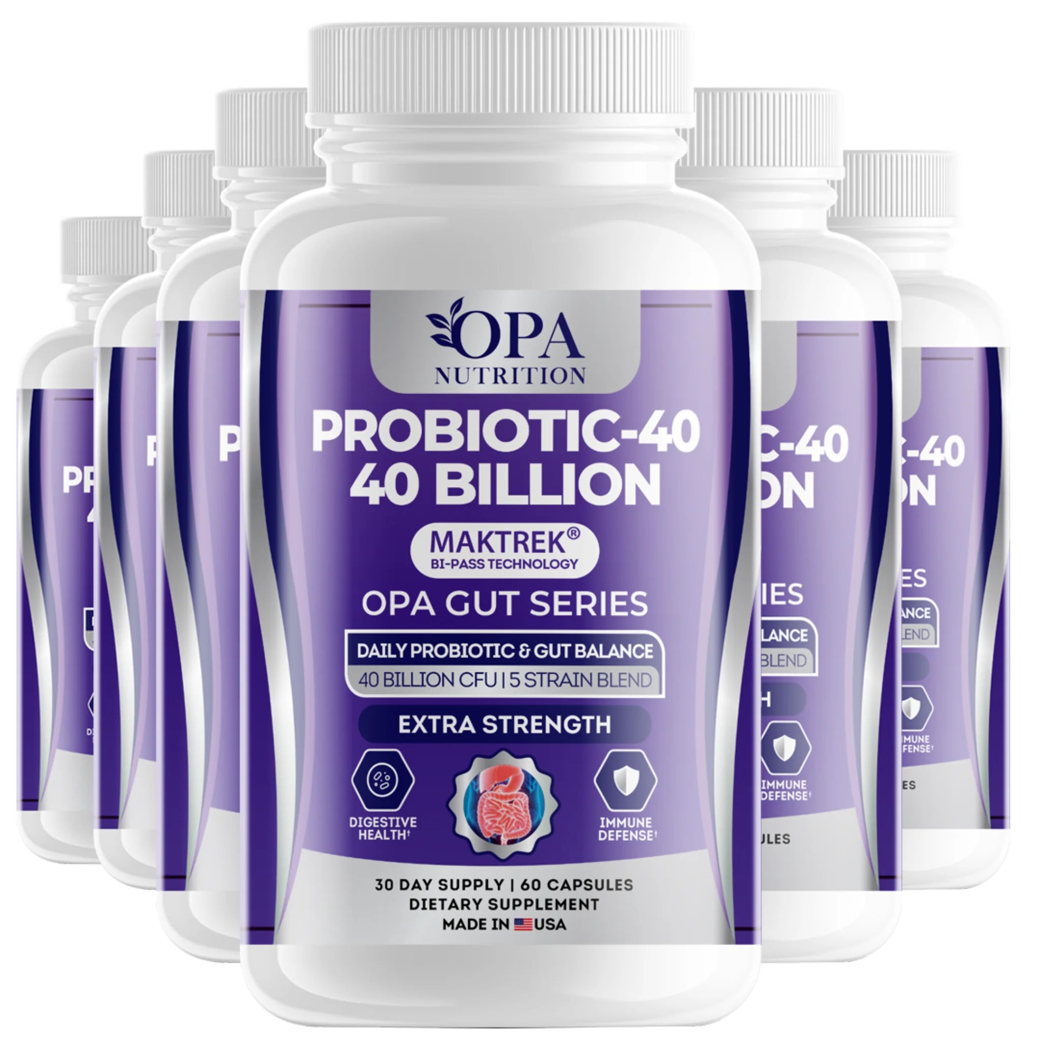 Six-pack of OPA Nutrition Probiotic-40 40 Billion Gut Series supplement bottles for digestive health, gut balance and immune defense support