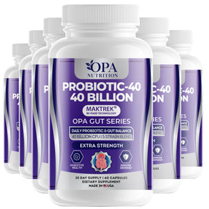 Six-pack of OPA Nutrition Probiotic-40 40 Billion Gut Series supplement bottles for digestive health, gut balance and immune defense support