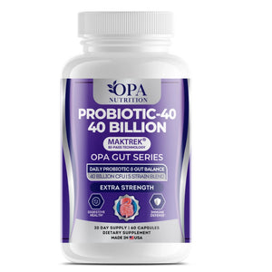 OPA Nutrition Probiotic-40 40 Billion Gut Series supplement bottle with MAKTREK bi-pass technology for digestive health and immune defense support