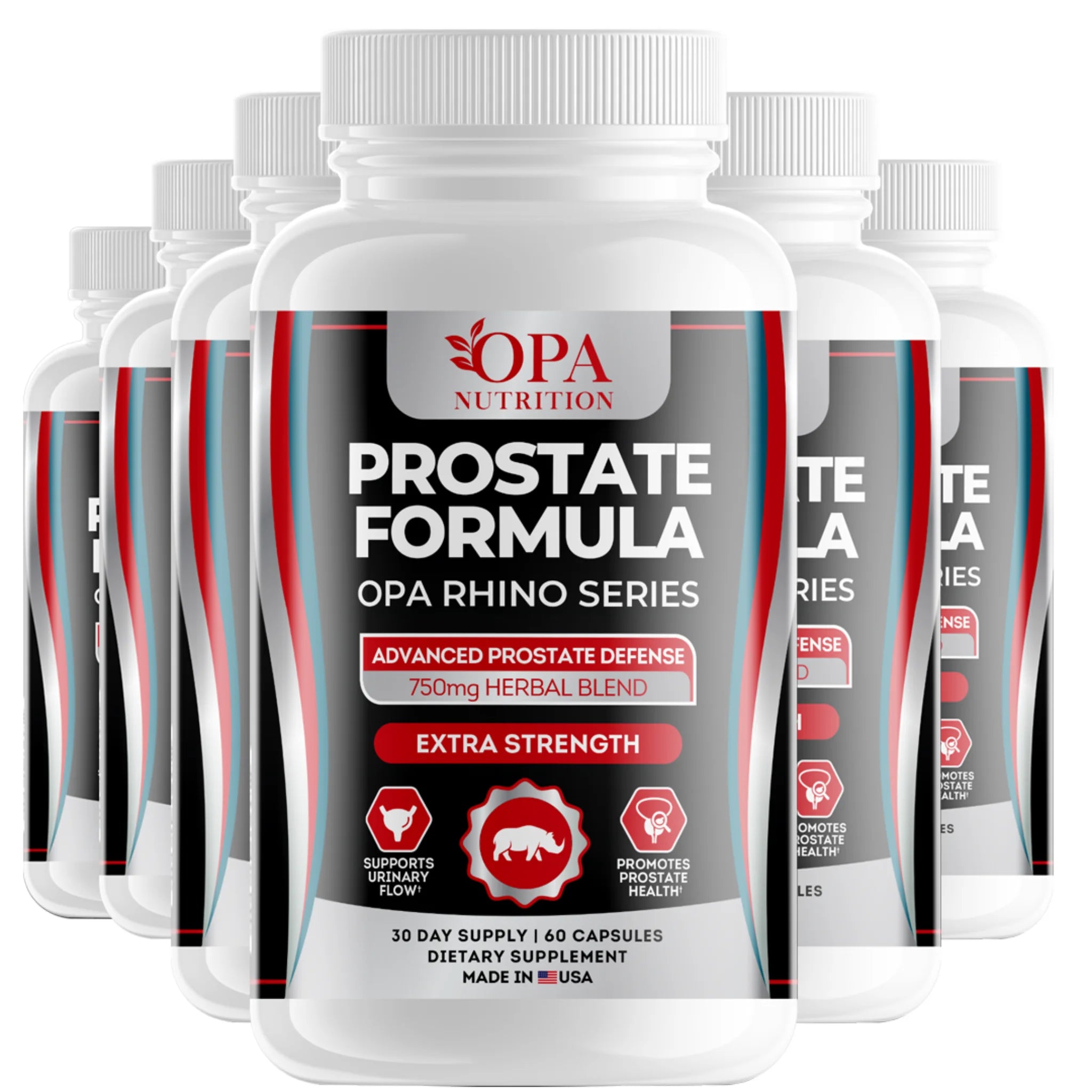 Six-pack of OPA Nutrition Prostate Formula Rhino Series bottles with 750mg herbal blend for urinary flow and prostate health support