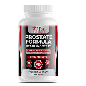 OPA Nutrition Prostate Formula Rhino Series supplement bottle with 750mg herbal blend for urinary flow and prostate health support