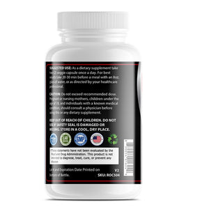 Back label of OPA Nutrition Prostate Formula showing suggested use, caution information, storage instructions, SKU and FDA disclaimer