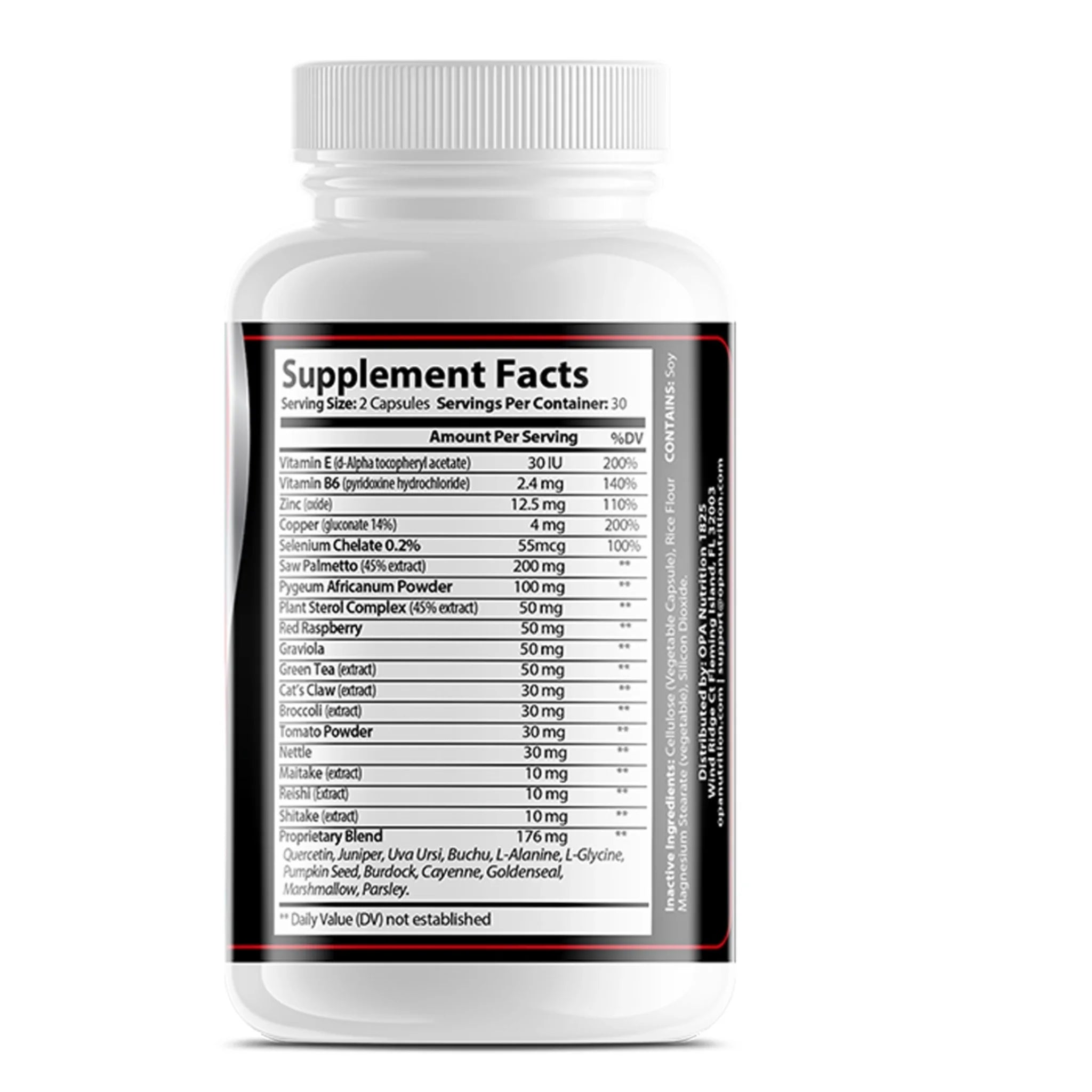 Supplement Facts label on OPA Nutrition Prostate Formula showing vitamins, zinc, selenium, saw palmetto, pygeum africanum, plant sterols, herbs and proprietary blend