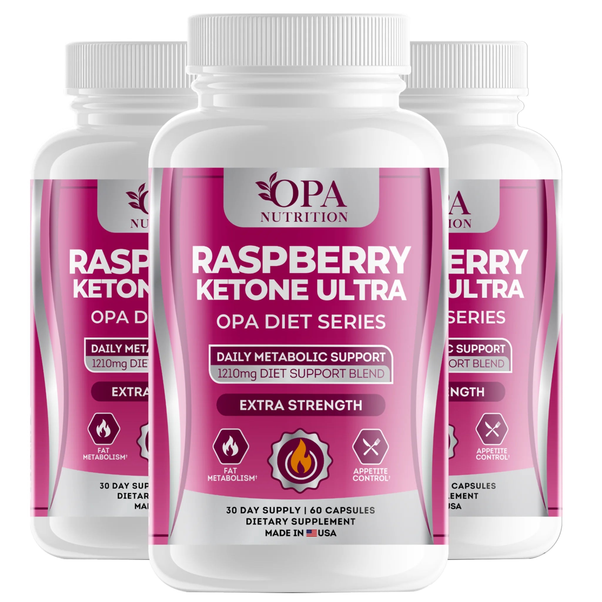 Three-pack of OPA Nutrition Raspberry Ketone Ultra Diet Series bottles for daily metabolic support and appetite control