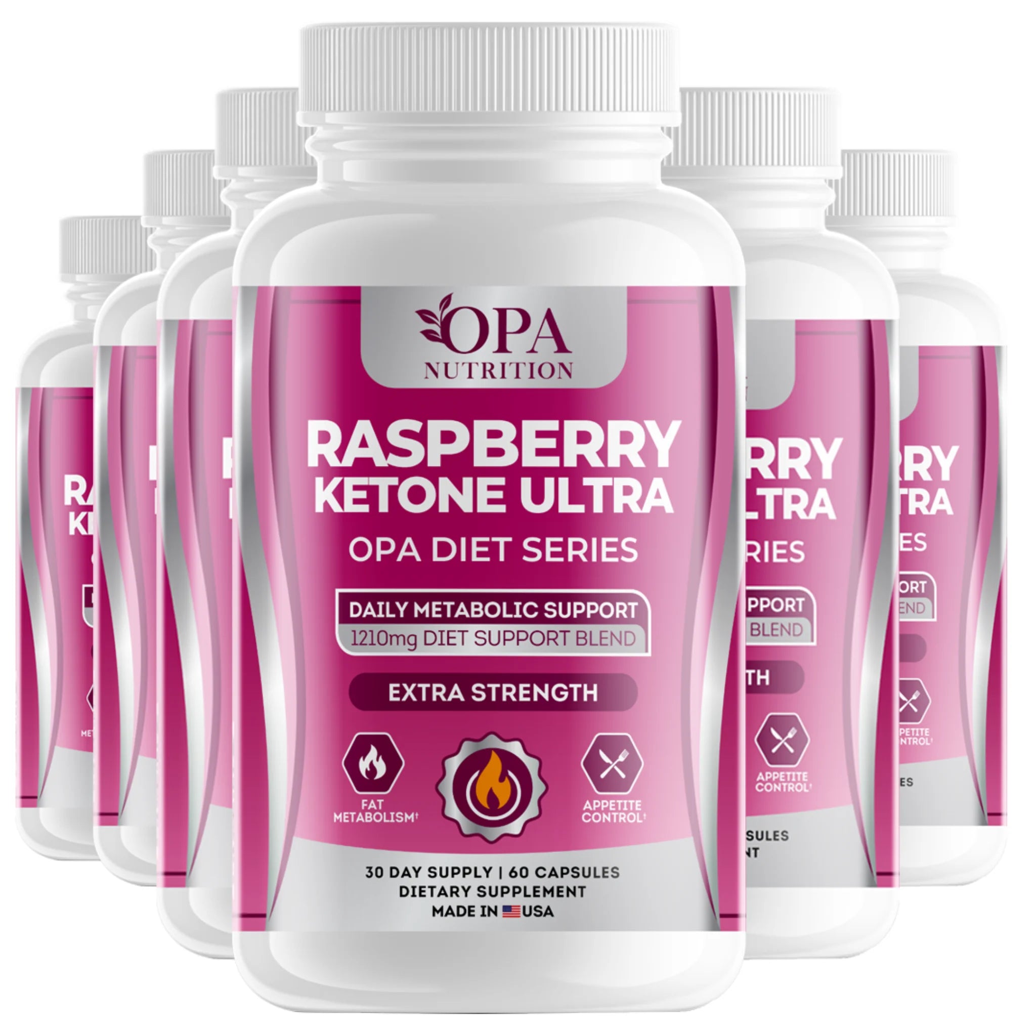 Six-pack of OPA Nutrition Raspberry Ketone Ultra with 1210mg diet support blend for fat metabolism and appetite control