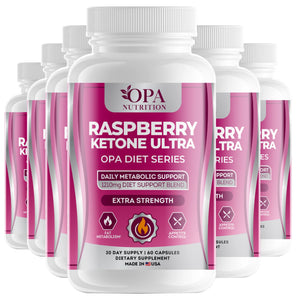 Six-pack of OPA Nutrition Raspberry Ketone Ultra with 1210mg diet support blend for fat metabolism and appetite control