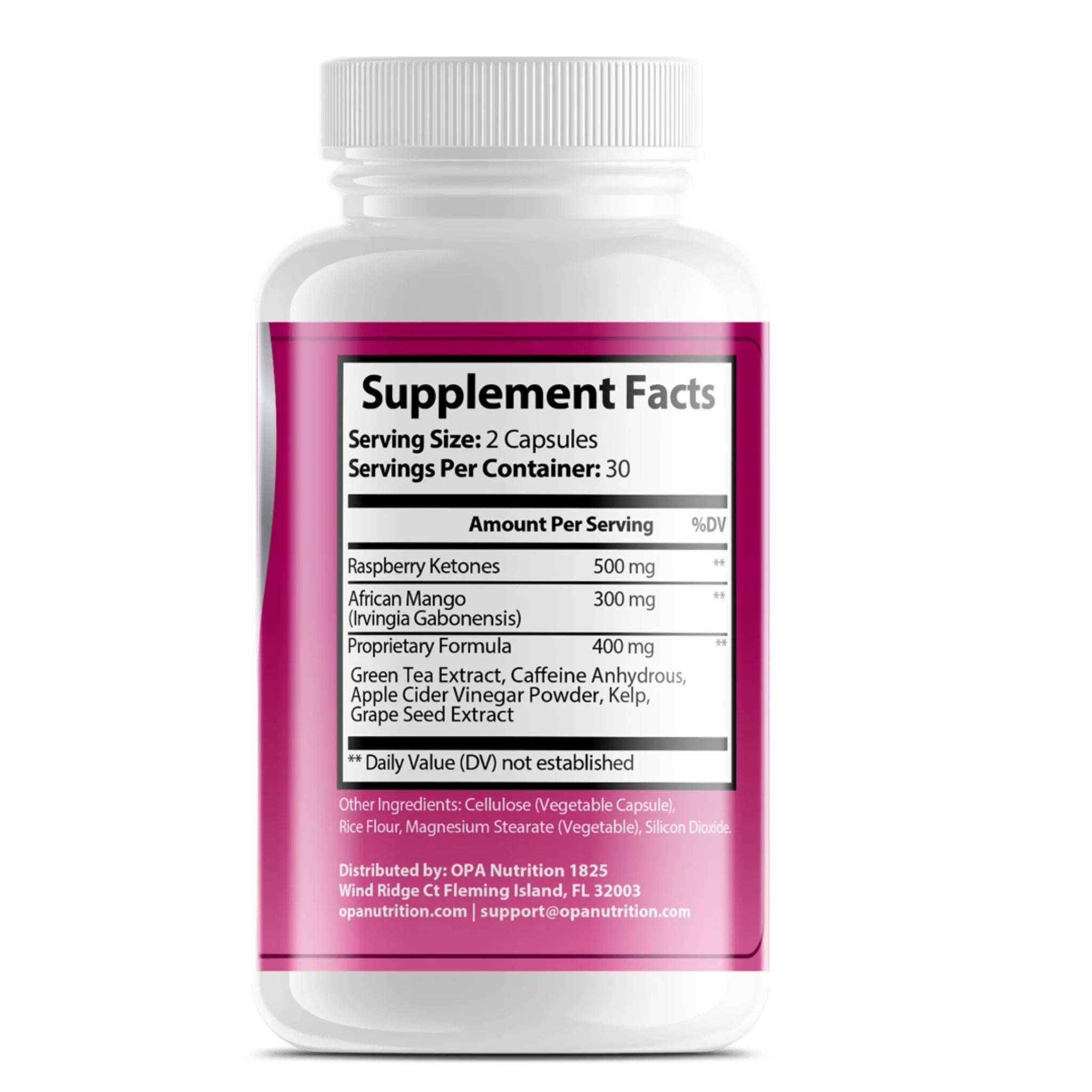 Supplement Facts label on OPA Nutrition Raspberry Ketone Ultra showing raspberry ketones, African mango, green tea extract, caffeine anhydrous, apple cider vinegar powder, kelp and grape seed extract
