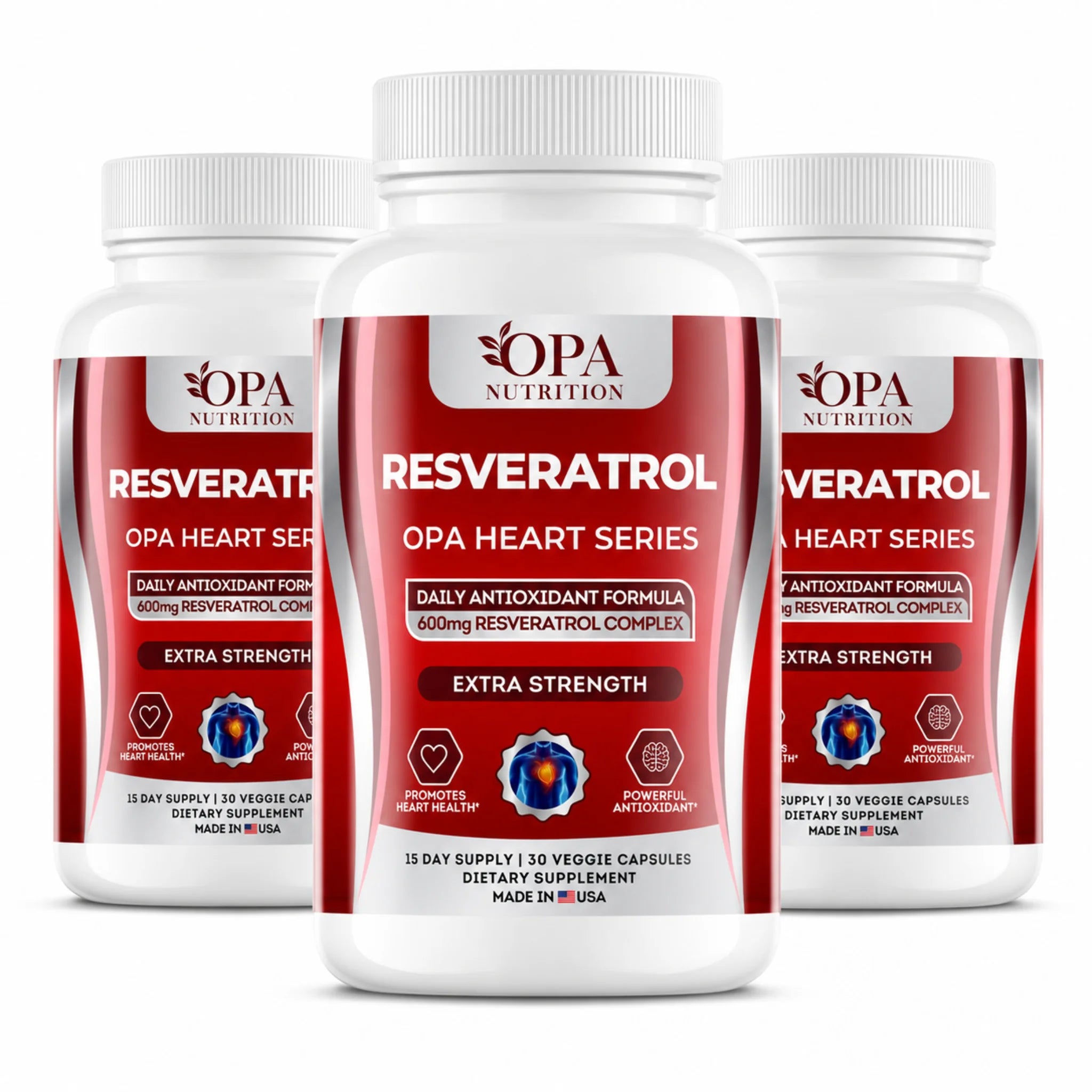 Three-pack of OPA Nutrition Resveratrol Heart Series supplement bottles on a white background