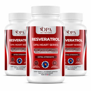 Three-pack of OPA Nutrition Resveratrol Heart Series supplement bottles on a white background
