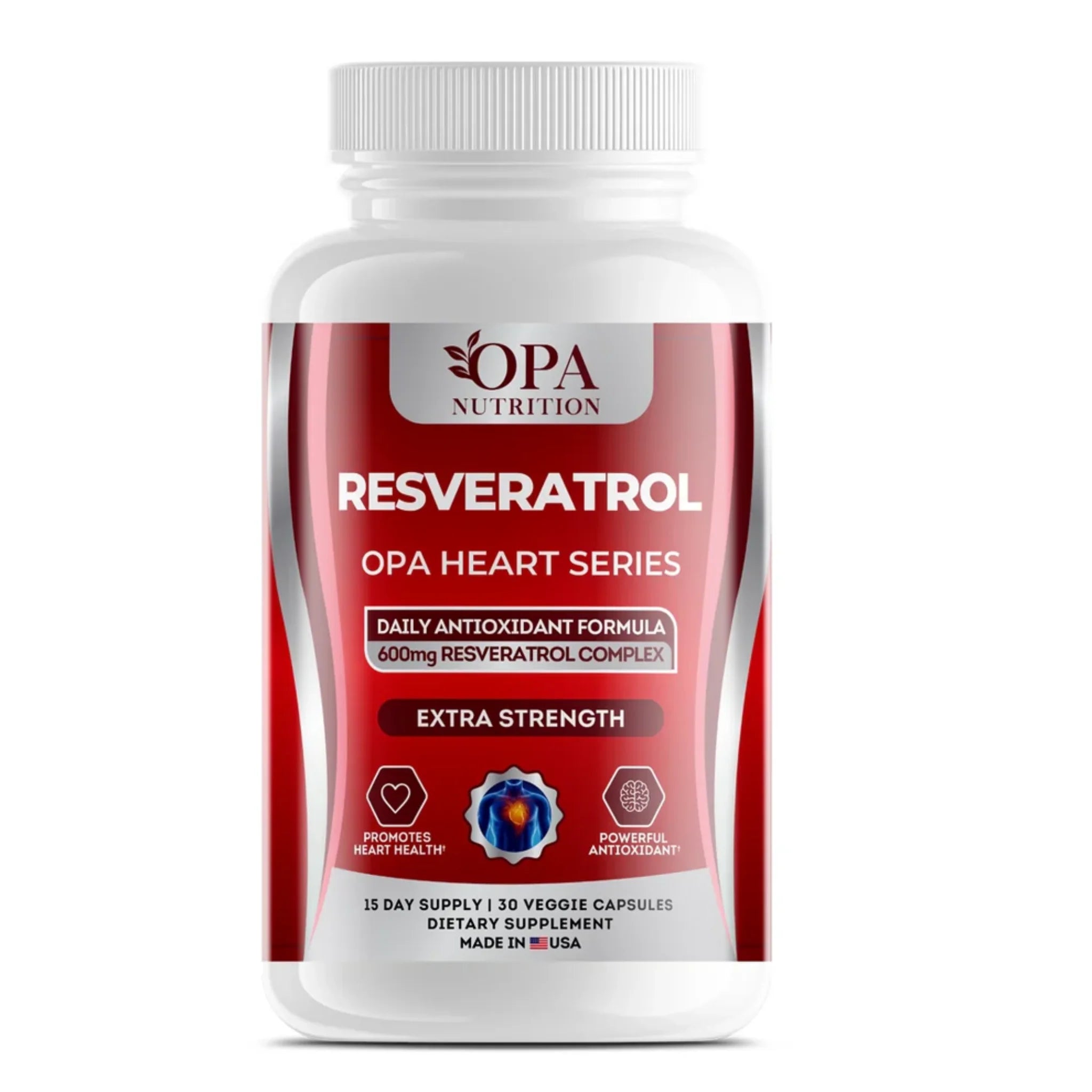 OPA Nutrition Resveratrol Heart Series supplement bottle with 600mg resveratrol complex on a white background