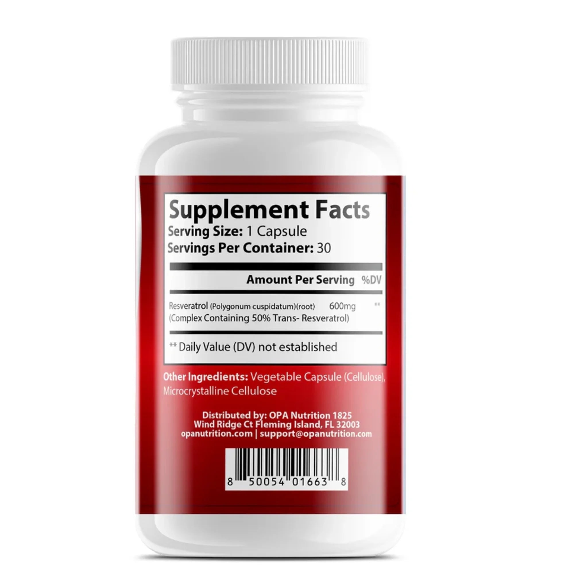 Supplement Facts label for OPA Nutrition Resveratrol showing 600mg resveratrol complex per serving