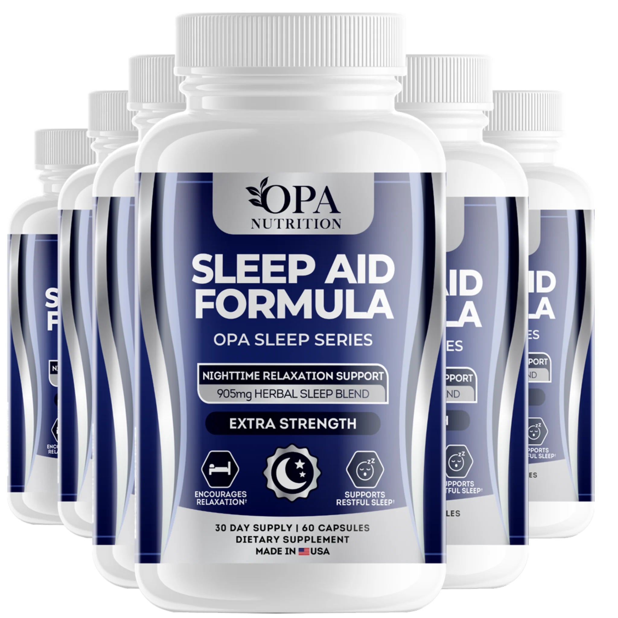 Six-pack of OPA Nutrition Sleep Aid Formula Sleep Series herbal sleep support supplement bottles for nighttime relaxation and restful sleep support