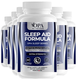 Six-pack of OPA Nutrition Sleep Aid Formula Sleep Series herbal sleep support supplement bottles for nighttime relaxation and restful sleep support