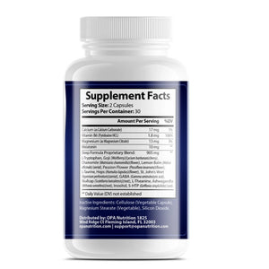 Supplement Facts label on OPA Nutrition Sleep Aid Formula Sleep Series herbal sleep support supplement bottle