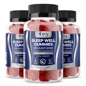 Three-pack of OPA Nutrition Sleep Well Gummies bottles from the OPA Sleep Series with extra strength relaxation support blend on a white background
