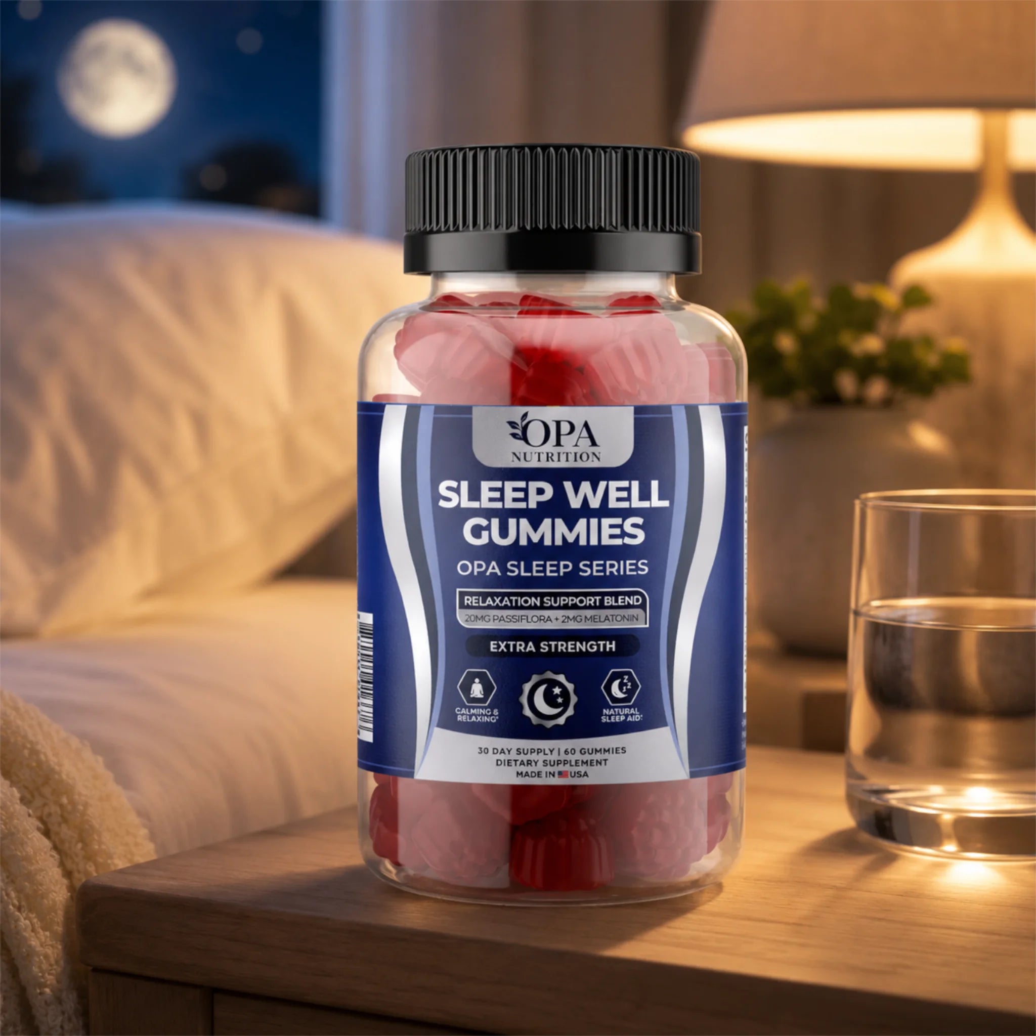 OPA Nutrition Sleep Well Gummies bottle styled on a bedside table at night with a glass of water, lamp, and bedroom setting to show evening sleep routine use