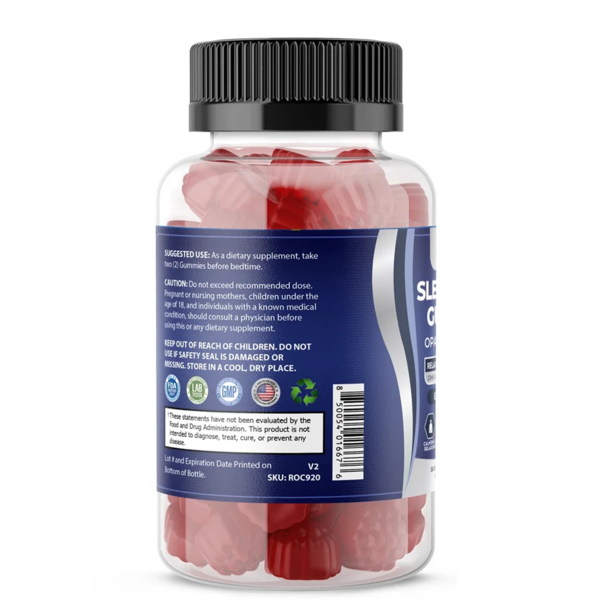 Suggested use label for OPA Nutrition Sleep Well Gummies with directions to take 2 gummies before bedtime, plus caution, storage instructions, and FDA disclaimer