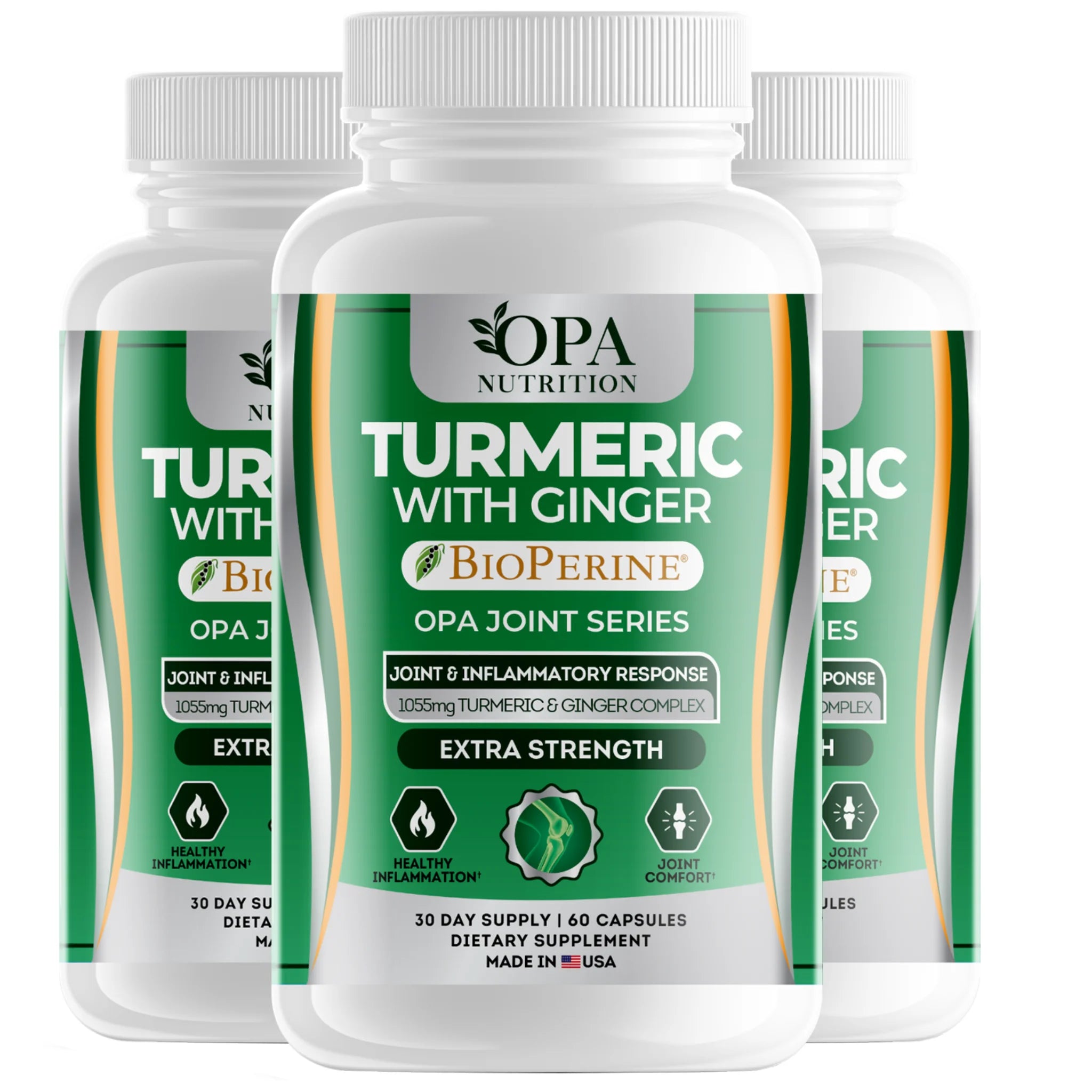 Three-pack of OPA Nutrition Turmeric with Ginger and BioPerine Joint Series supplement bottles for joint comfort and healthy inflammation support